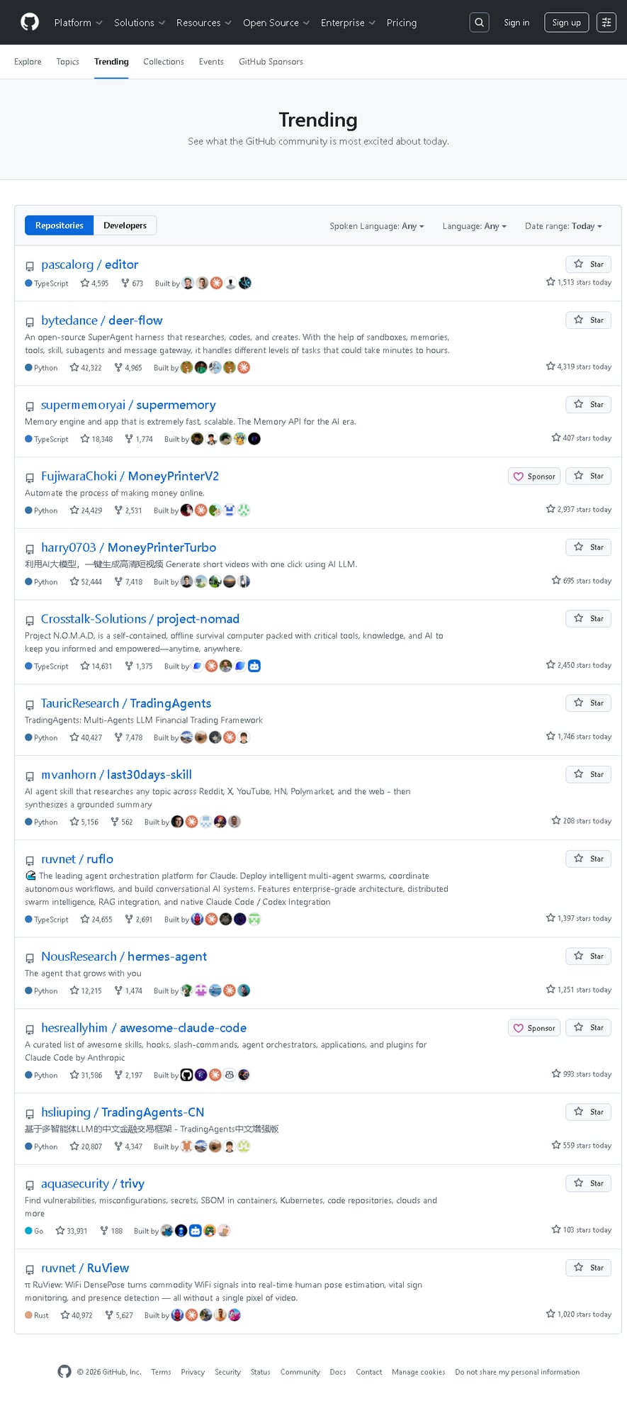 GitHub trending AI projects featuring DeerFlow